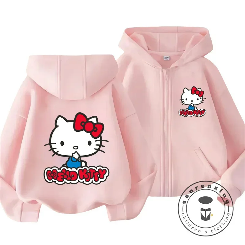 2024 New Fashion Hoodie Hello Kitty Cartoon Anime Boys and Girls Sweatshirt Autumn and Winter Pink Kawaii Cute Soft Zipper Tops