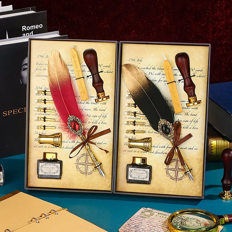 

Creative Feather Dip Pen Ink Set Wax Sealing Stamp Kit Calligraphy Pen Letter Writer Pen Handwriting Fountain Pens with Gift Box