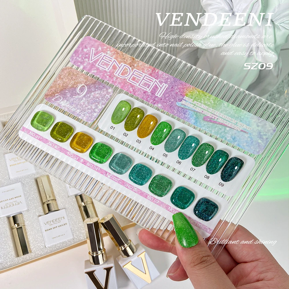 Vendeeni 15ml 9 색/세트 글리터 그린 브로큰 다이아몬드 젤 매니큐어 UV Led 플래시 포레스트 그린 네일 아트 바니쉬 끄기