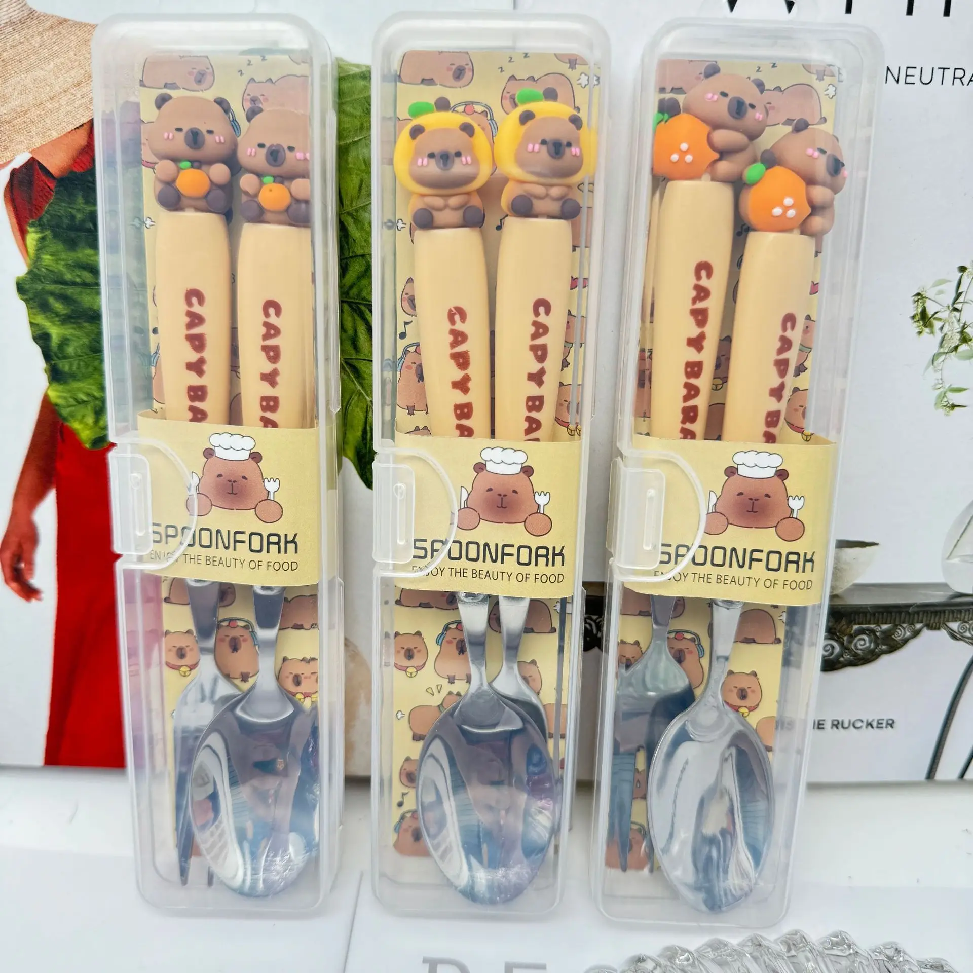 Fashion Capybara Stainless Steel Cutlery Set Cartoon Travel Portable Fork Spoon Dinnerware Sets Children Tableware Set School