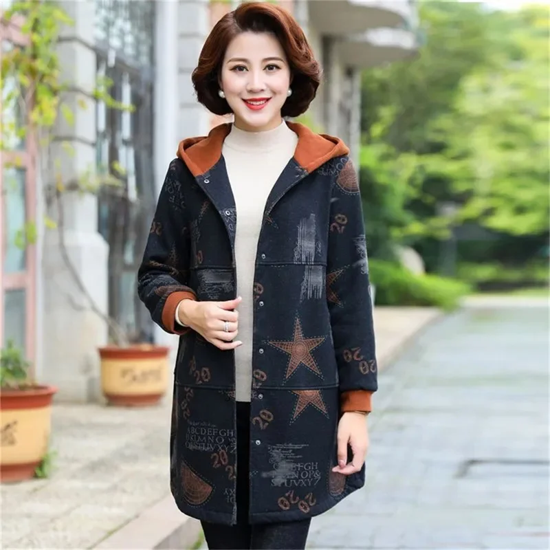 2023 Winter New Midlife Plush Thickened Coat Women\'s Large Size 7XL Loose Fashion Mother Hooded Sweatershirt Patchwork Printing