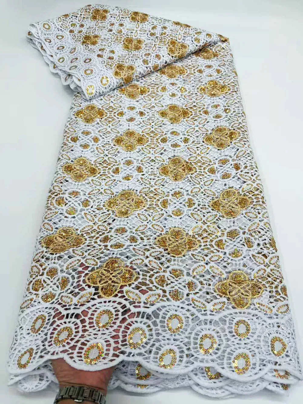 Allover Metallic Lurex Guipure Lace White Silk Fabirc Embroidered Gold Sequins Tulle luxury Nigeria Water Soluble  Cloth  CO1195