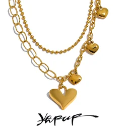 Yhpup New Stainless Steel Heart Chain Double Layer Necklace Gold Color Waterproof Collarbone Chain Collar Femme Sweater Jewelry