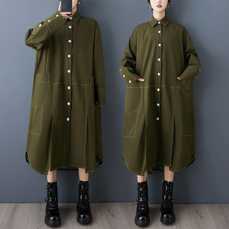 Retro onregelmatige stiksels Windjack Jaet Faionable High-End irt Dr Pure Color Klein ence Design Long Sve Po...