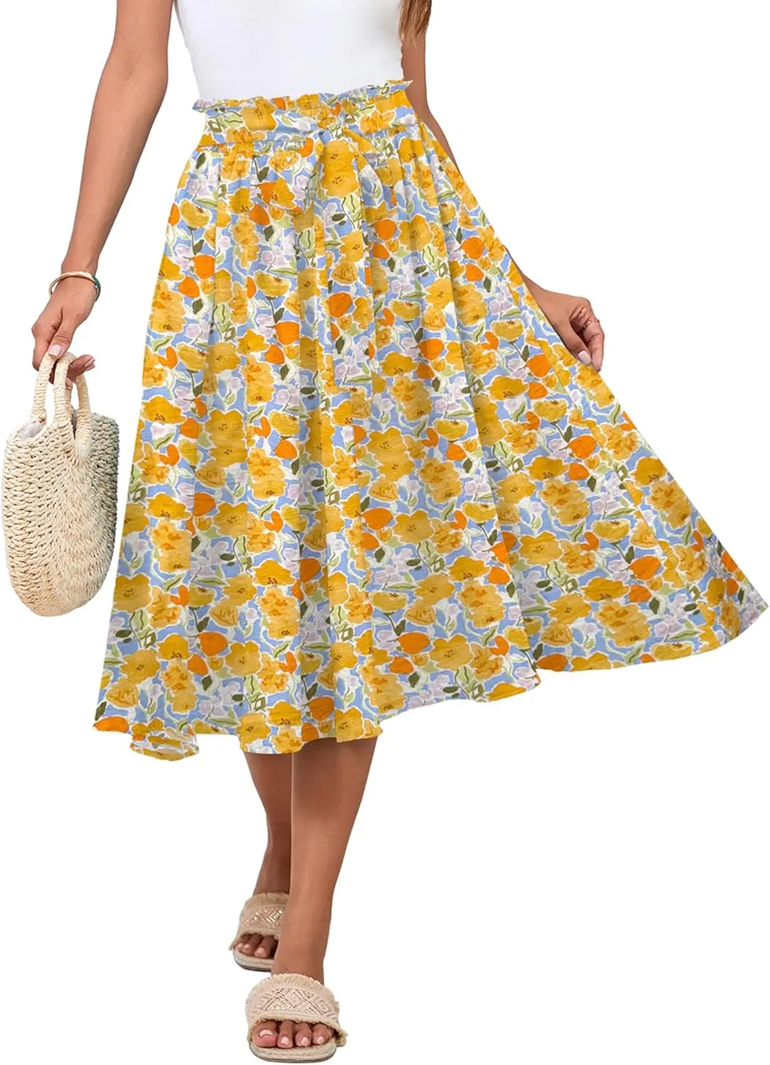 Luxy Trio Gonne midi a pieghe a vita alta elastiche da donna Gonna a trapezio floreale taglie forti Gonna lunga con stampa floreale