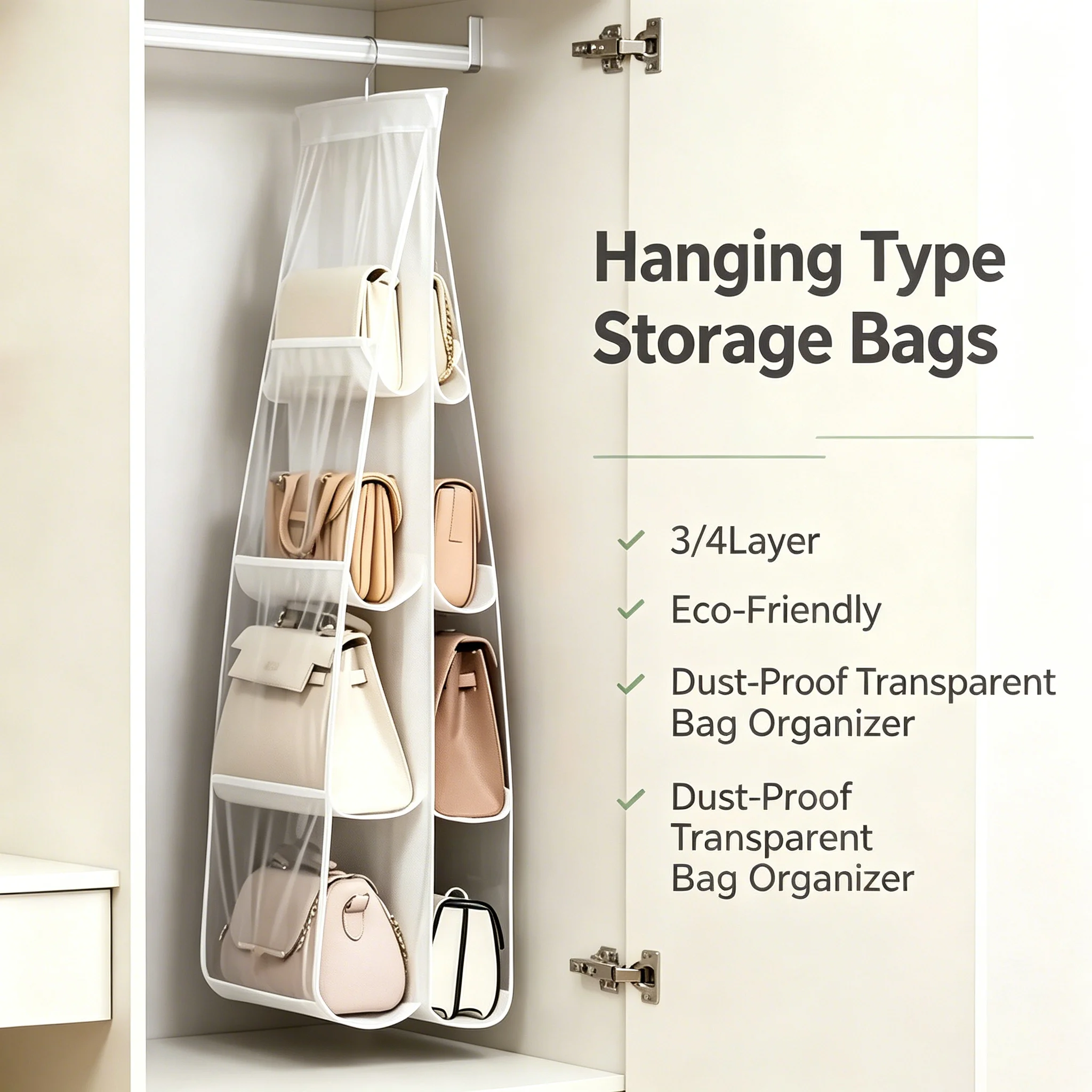 1Pcs Hanging Type Storage Bags for Bag Organizer 3/4Layer Eco-Friendly Dust-Proof Transparent Bag Organizer Storage Container