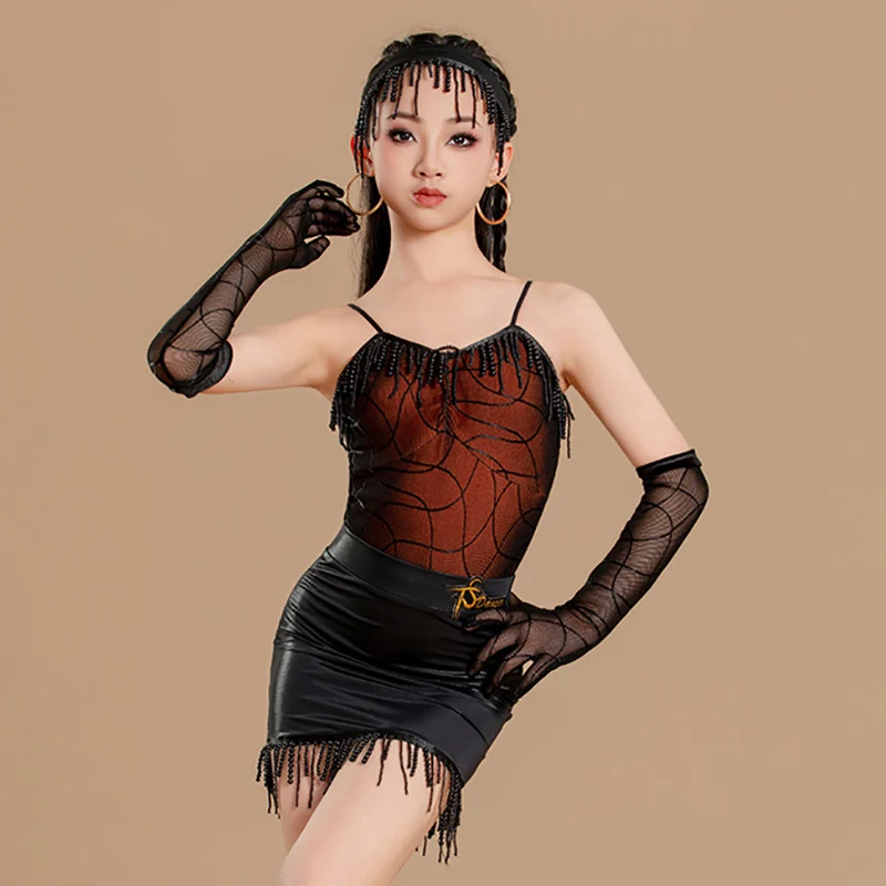 Costume da ballo latino per bambina, body in rete con stampa con cinturino per spaghetti e gonne con nappe con perline, abbigliamento da ballo da competizione Rumba Chacha