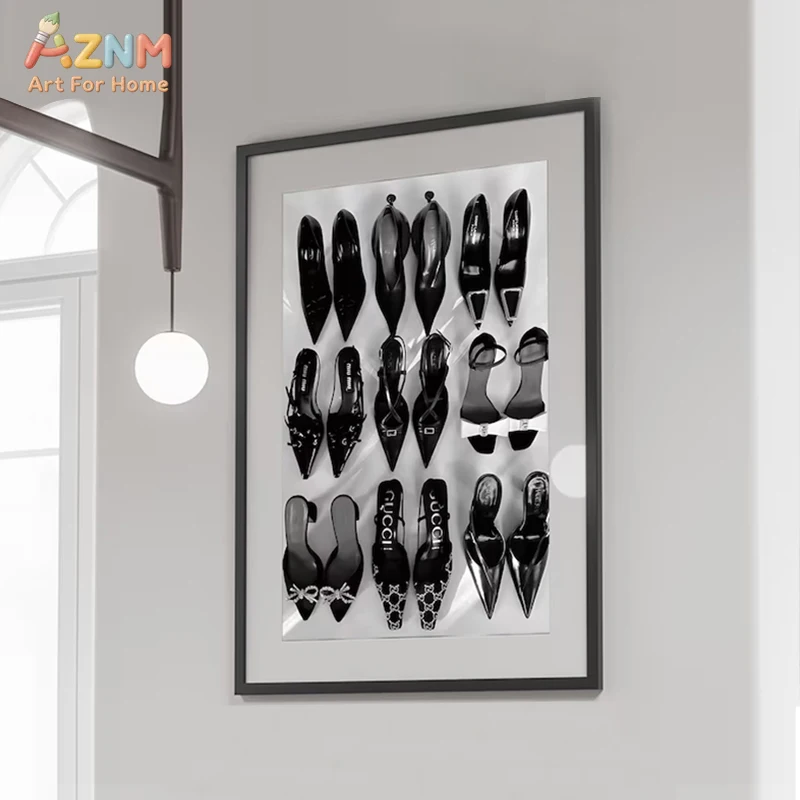 AZNM Black White High Heels Wall Art Canvas Print, Fashion Shoe Poster Frameless Wall Decor for Bedroom Dressing Room