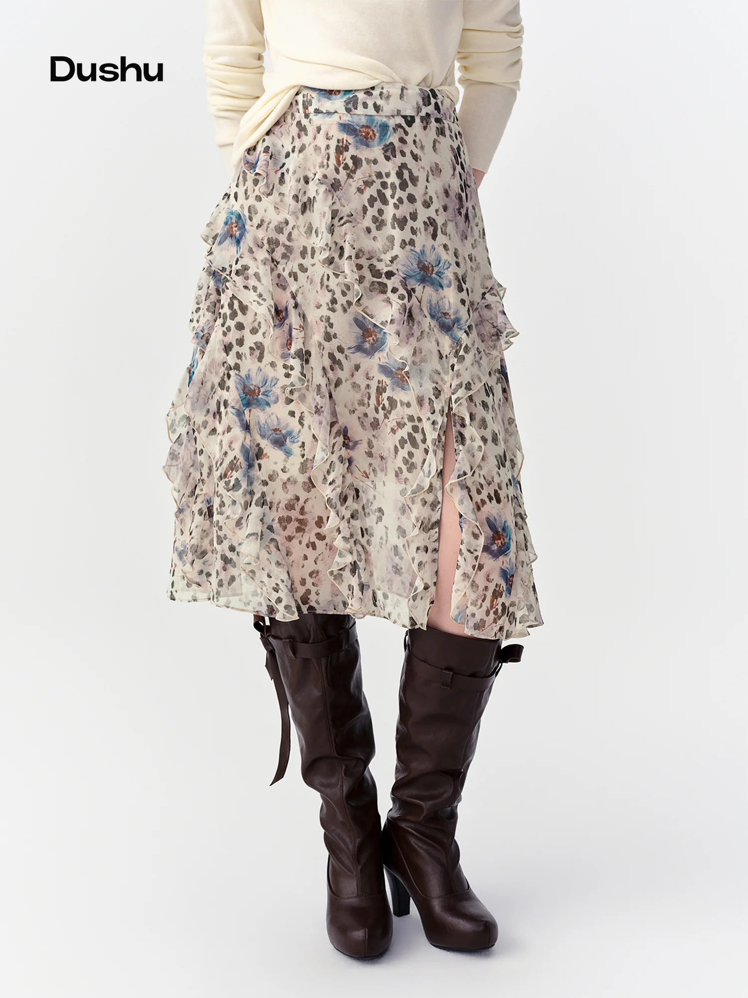 DUSHU 2026 Autumn Leopard Print Ruffled Midi Skirt Women Custom A-Line Chiffon Half Skirt Elegant Casual Skirt Special Irregular