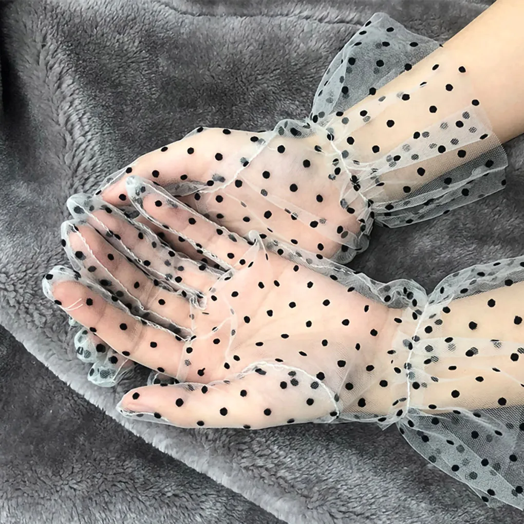 Women Gloves Lace Tulle Transparent Black Spots Gloves Decoration for Party Wedding, Type A