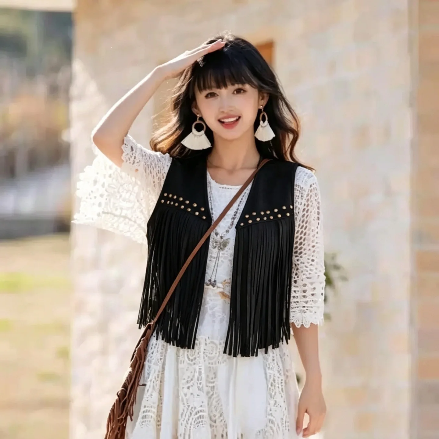 Summer 2026 Women's Hippie Style Sleeveless Open Cardigan Vest Cross-Border New Arrival Light Weight Ultra-Short Length Top