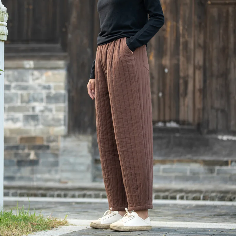 Vintage Literature Art Women Winter Cotton Quilted Pants High Waist Baggy Trousers Windproof Thicken Warm Harem Pants