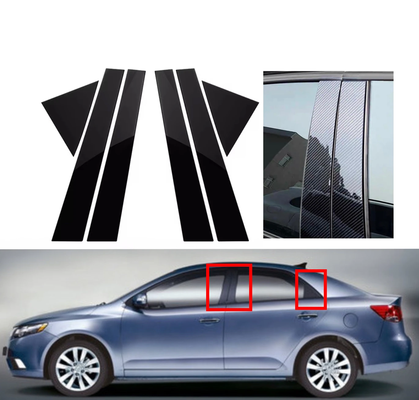 

6pcs Silvery Carbon Glossy Black Pillar Posts Trim Fit For Kia Forte K3 Cerato 2009 2010 2011 2012 Car Sticker Window Cover Trim