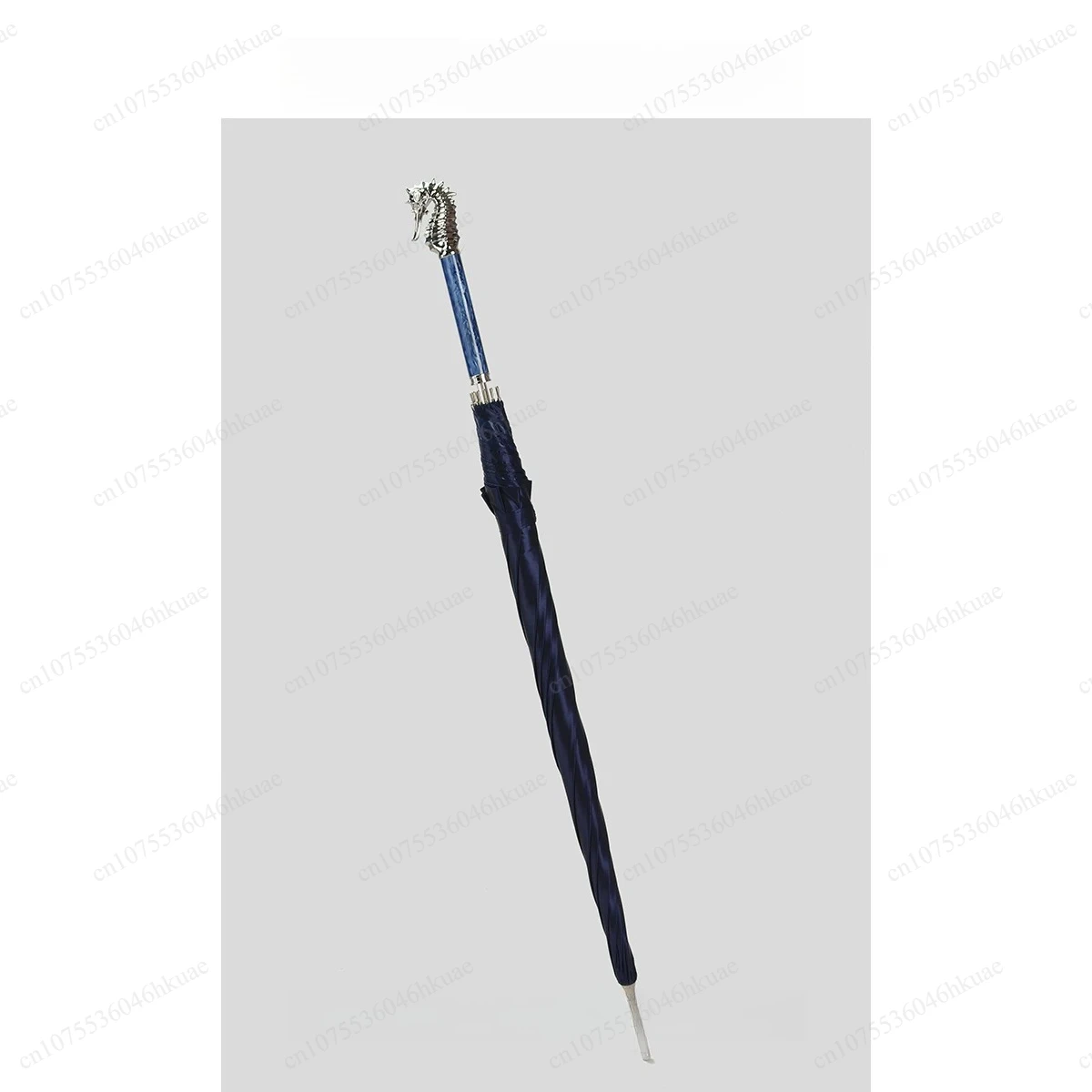 Vintage Business Long Handle Umbrella Indigo Silver Seahorse Print UV Protection Sun Rain Dual Use Windproof Walking