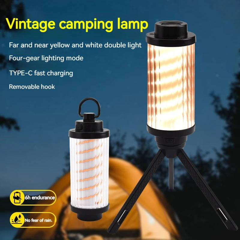 Portable Camping Lantern Lamp 4 Lighting Mode Rechargeable Night Lamp with Hanging Ring for Hiking Fishing Emergency Tent Lamp