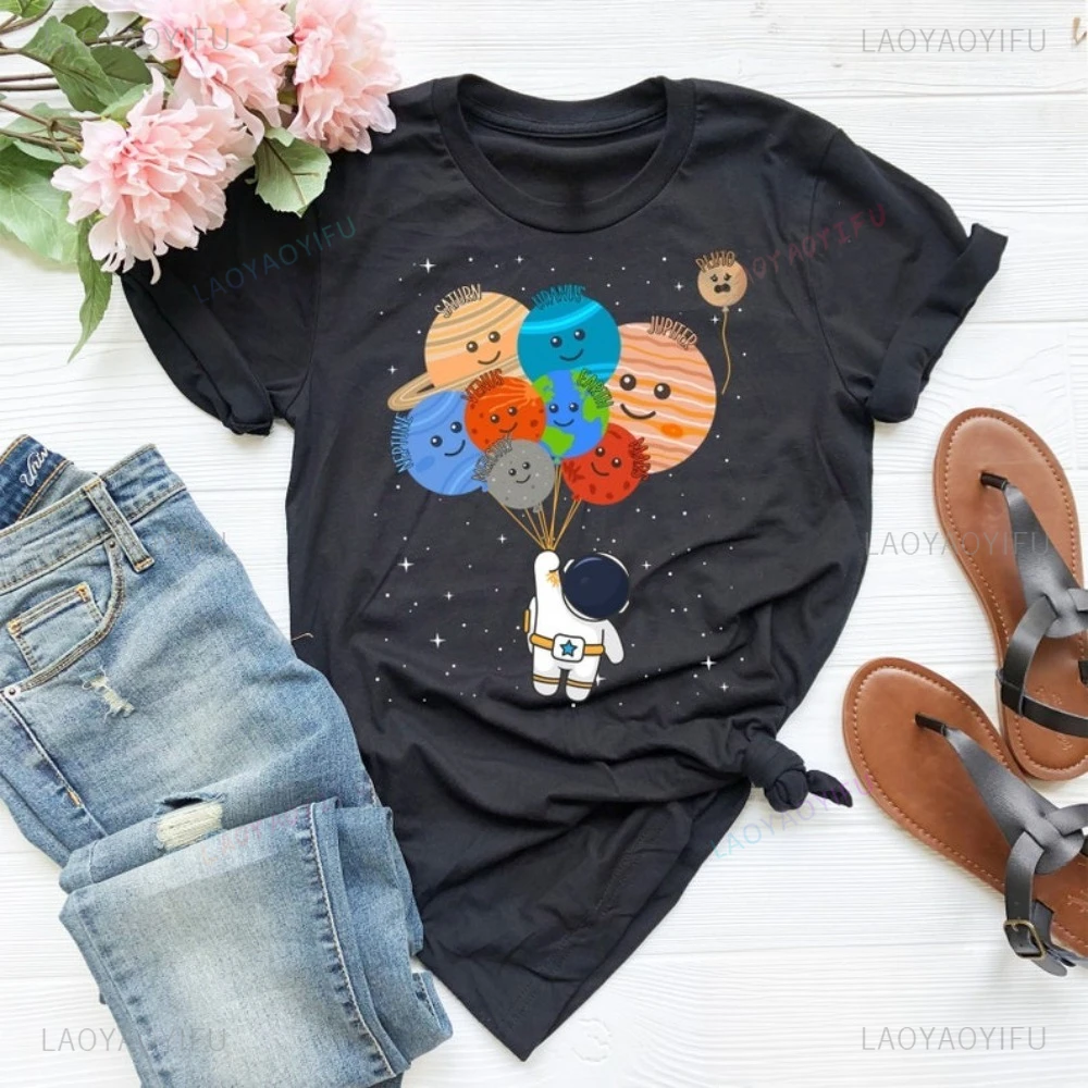 Funny Solar System Cute Planets T Shirt Astronaut Holding Planets Balloons Graphic Printed TShirt Pluto Astronomy Science Tees