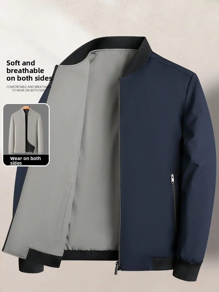 

Двусторонняя одежда, куртка с бейсбольным воротником для мужчин среднего возраста, весенне-осеннее тонкое повседневное пальто для папы, модное пальто для отдыха