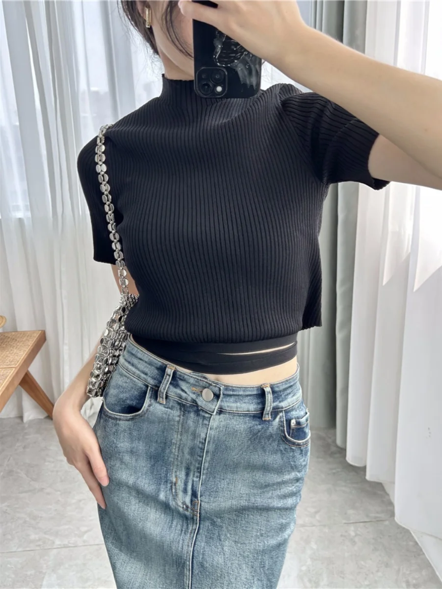 

Graphic crop top Black Knitted T-shirt 2024 Spring New French Sexy Open Navel Tie Short Top Show Waist Thin