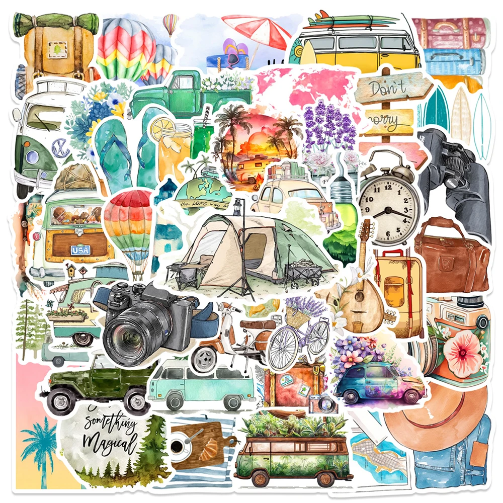 

10/30/50/100pcs Art Outdoor Camping Cartoon Stickers Aesthetic DIY Travel Decorative Sticker Diary Guitar Bike Phone Decals Pack