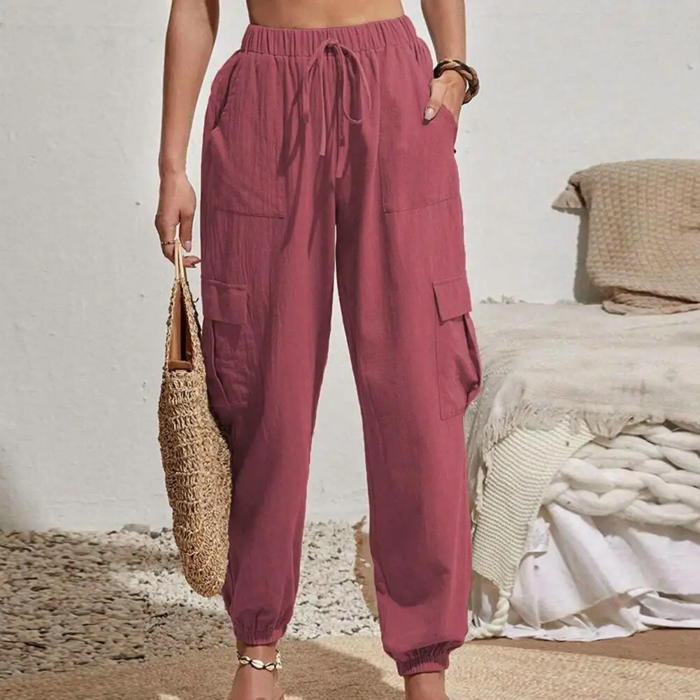 

Elegant Charming Casual Pants Women Cargo Pants Retro Solid Color Women's Trousers with Multi Pockets High Elastic for Casual