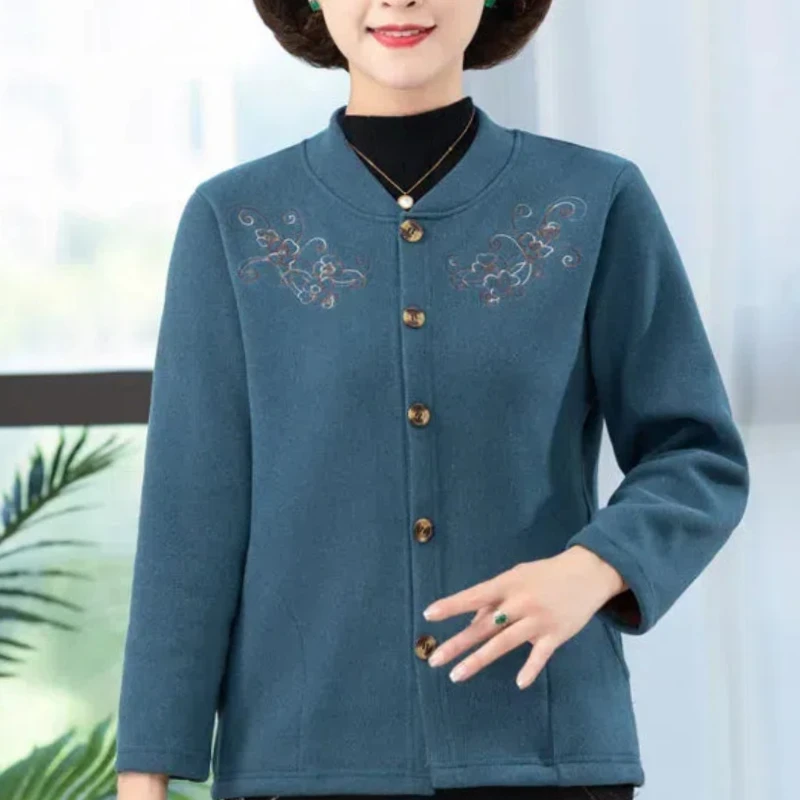 Simplicity Casual Autumn/Winter Women's V-Neck Embroidered Single Breasted Fashion Long Sleeve Plus Velvet Cardigan Coat Tops