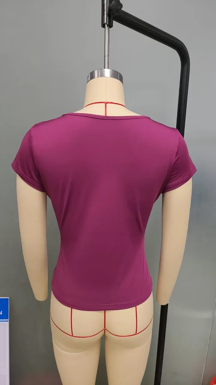 2026 Sommer Neue Mode Damen T-Shirt Einfarbig Slim-Fit V-Ausschnitt Kurzarm-Oberteil Y2k Kleidung – Detail 7