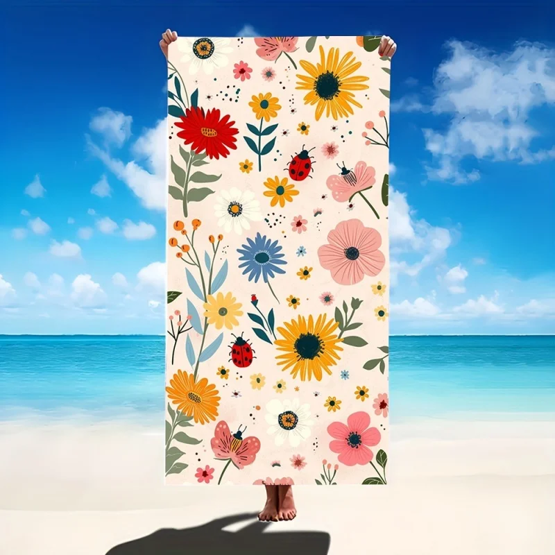 Cottagecore Buntes Strandtuch mit Gänseblümchen- und Marienkäfermuster, schnell trocknend, sandabweisend, mit Wildblumen-Print, für Strand, Pool, Reisen