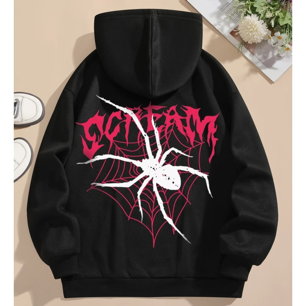 2024 Hoodie Sweatshirt Street Fashion Spider Print Drawstring Hooded Sweatshirt Ladies Loose Polyester Cotton Spiderman Hoodie