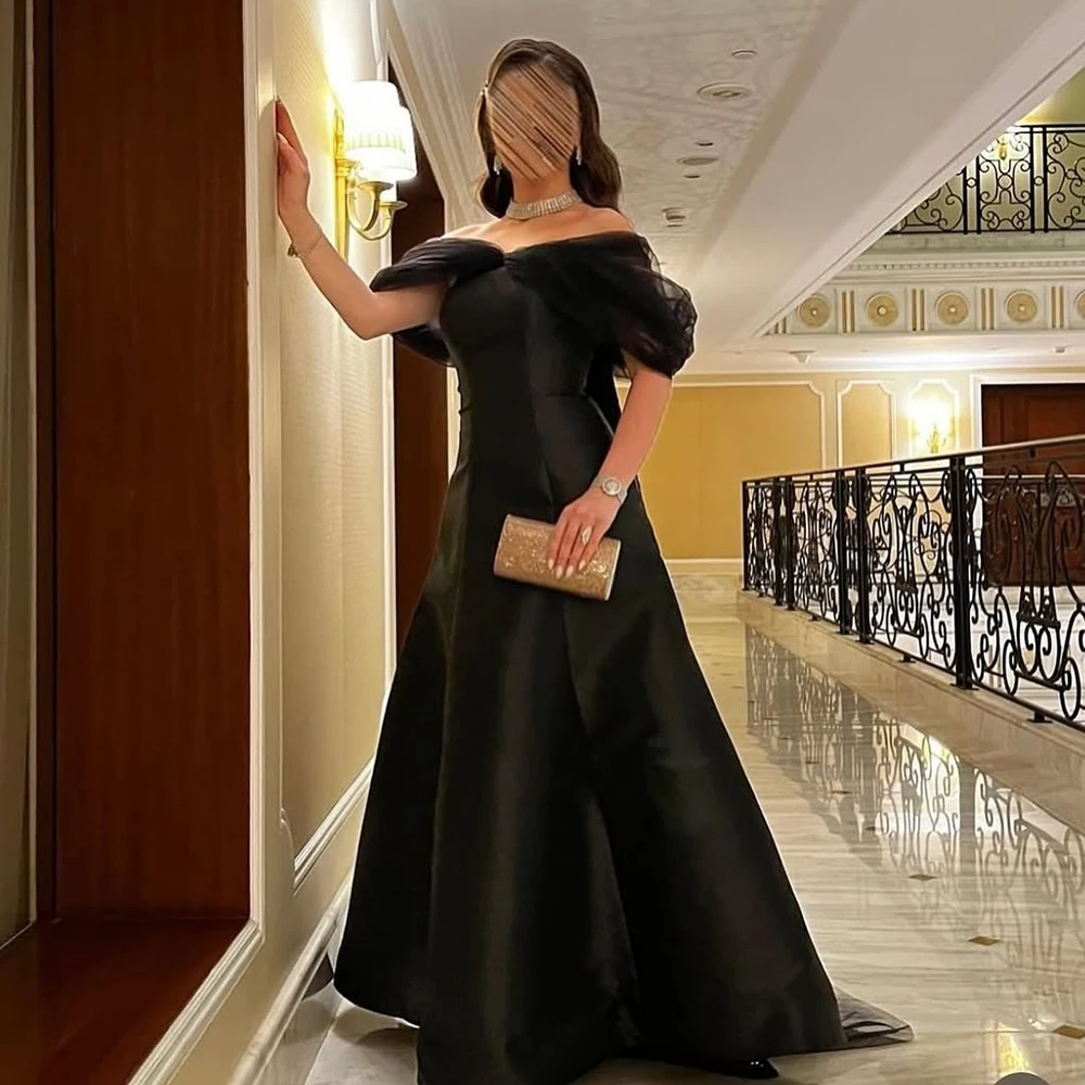 

Customized Off the Shoulder Black Satin Evening Dress Sleeveless With Train A-line Party Dress Backless Floor Length Prom Gown