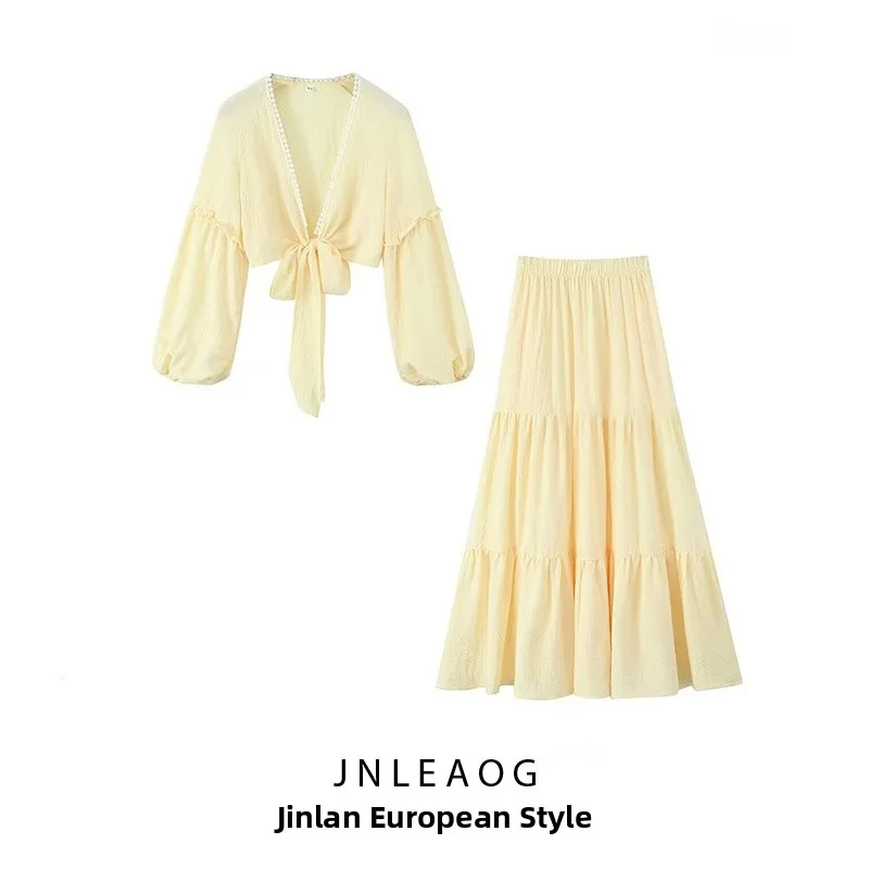 

JNLEAOG Spring New Women's Faion Design Bubble id Casual Set Loose Polyester Lantern Sve V-ne Regular Length