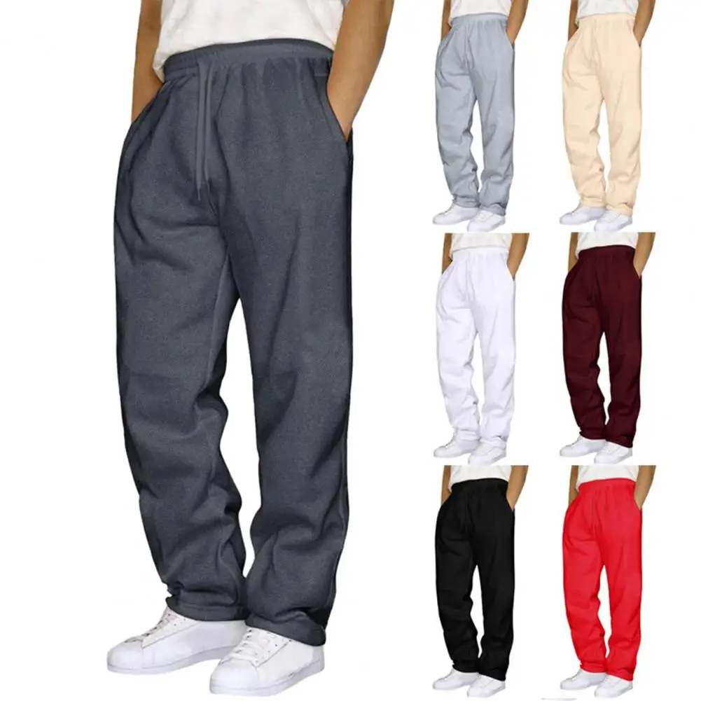 Men Fall Sweatpants Street Style Unisex Wide Leg Sweatpants with Side Pockets Elastic Waist Solid Color Sport for Spring