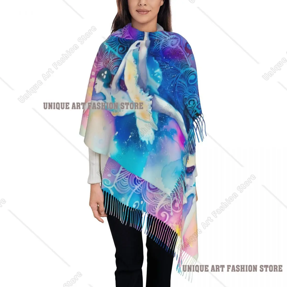 ผ้าพันคอพิมพ์ลายศิลปะยิมนาสติกแบบยาวสำหรับผู้หญิง ดีไซน์หรูหรา ผ้าหนา อุ่นสบายสำหรับฤดูหนาว พร้อมพู่ห้อย