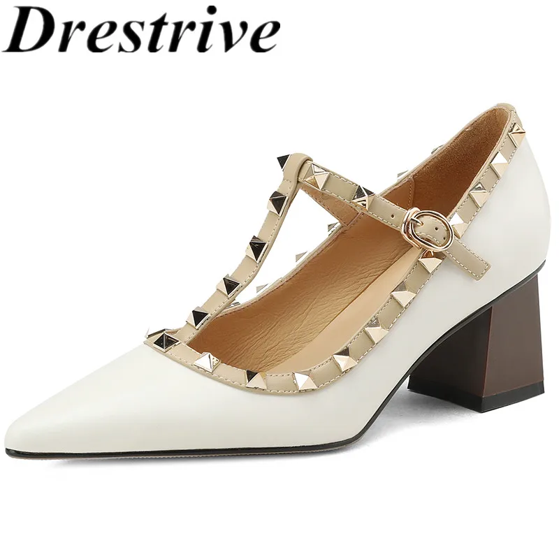 

Drestrive 2023 New Arrival Rivets Pointed Toe Square Mid Heels Mary Janes Buckle Full Cow Genuine Leather Women's Pumps