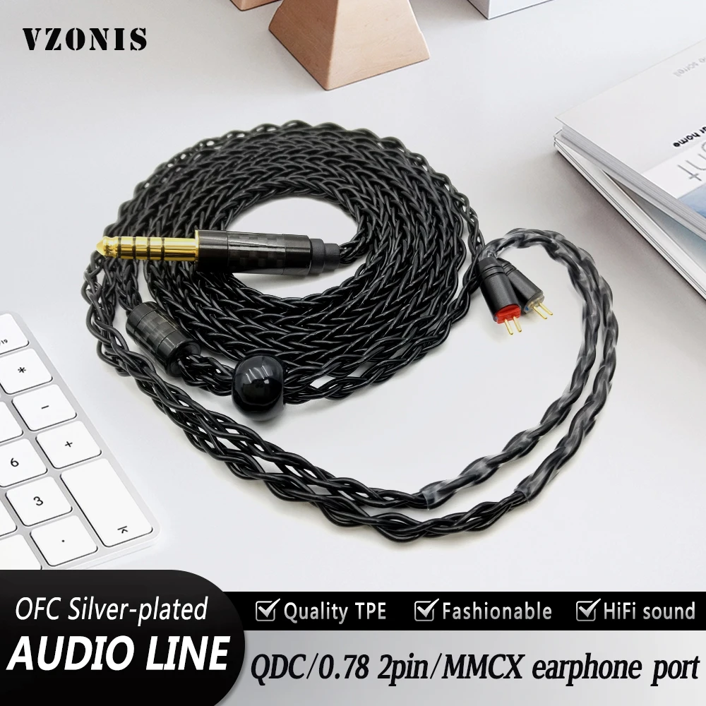 VZONIS 8 Core Silver plated HIFI Headphone Upgrade Cable 3.5mm/4.4mm jack to QDC/MMCX/2 PIN for Salnotes Zero IEM earphones wire