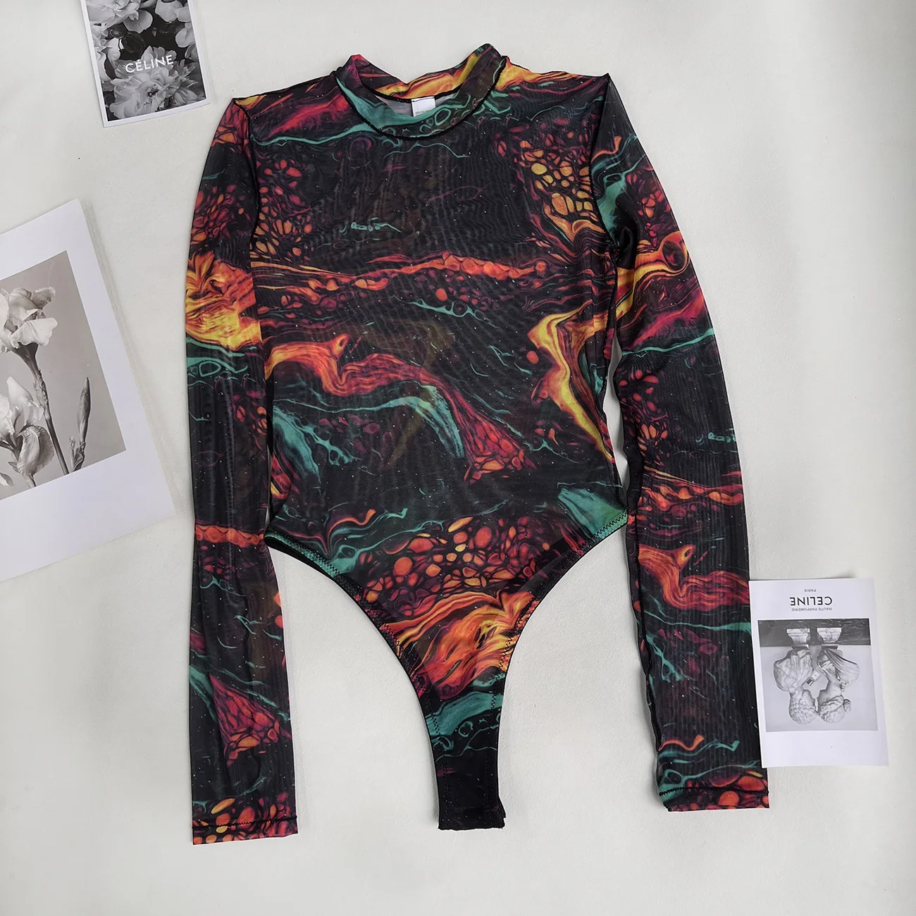 Ellolace Dragon Print Lace Bodysuit See Through Long Sleeve Tight Body Fancy Mesh Tops Fantasy Bodysuits Open Crotch Teddy