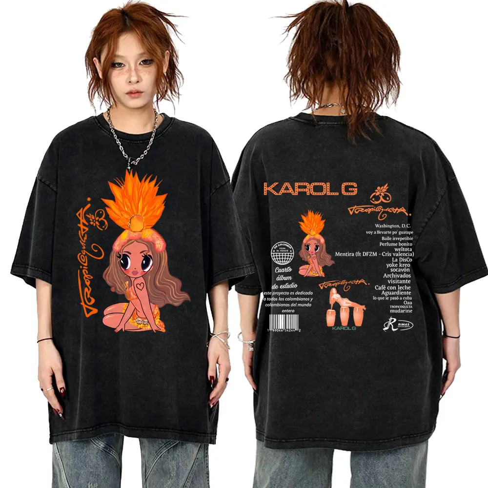 

Washed Vintage Karol G Tropicoqueta 2025 T-shirt Men Women Hip Hop Fashion Pop Music T Shirts Casual Cotton Oversized T-shirts