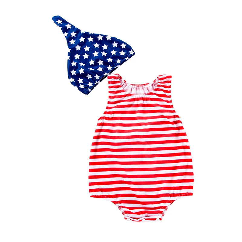 

4th of July Baby Rompers 0-18M Infant Girls Boys Stripe Crew Neck Sleeveless Bodysuits Summer Jumpsuits with Star Print Cap