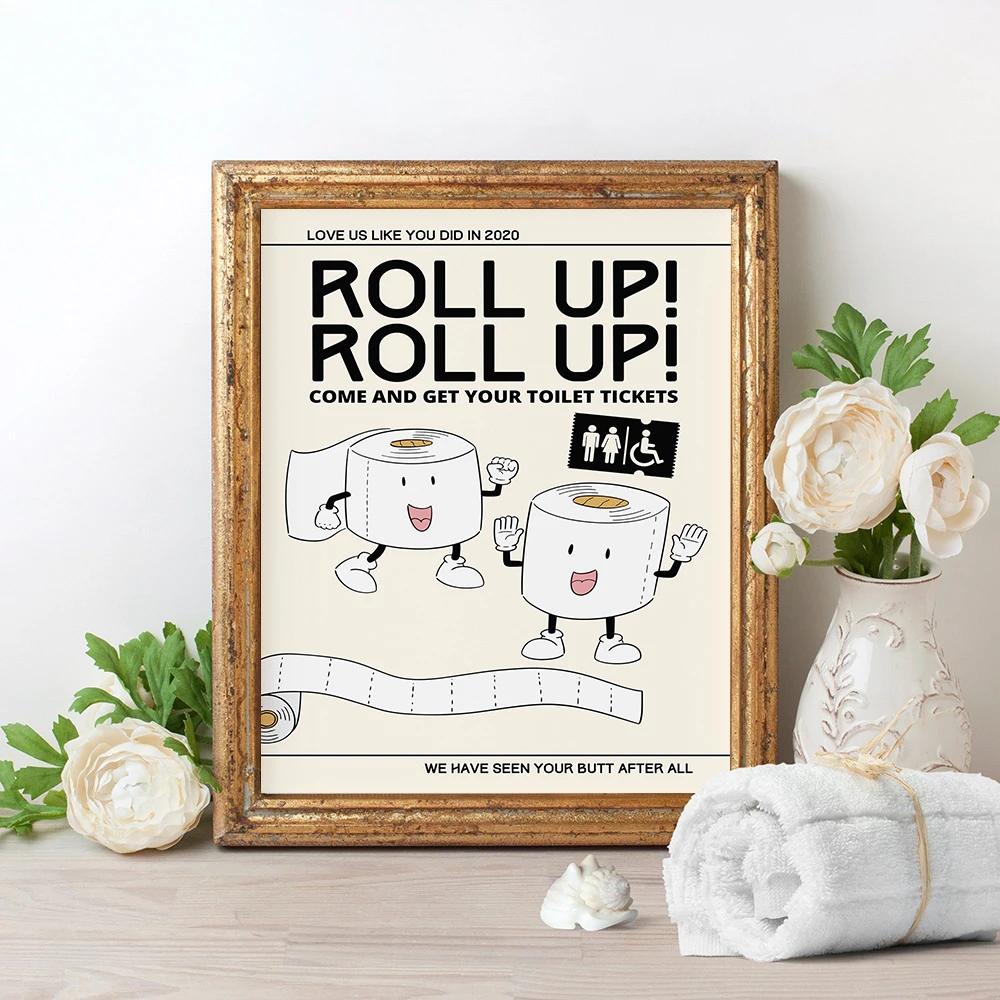 Roll Up Toilet Paper Retro Character Print Fun Bathroom Poster Retro Mascot Cartoon Toilet Roll Pictures Humour Wall Painting