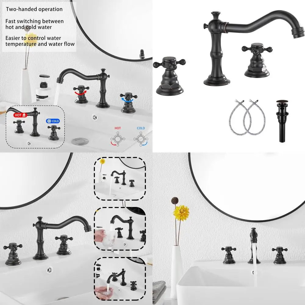 

Oil Rubbed Bronze Widespread 8-16 Bathroom Sink Faucet with 2 Handles, 3 Holes, Mixer Tap, Hose & Pop-Up Drain Included