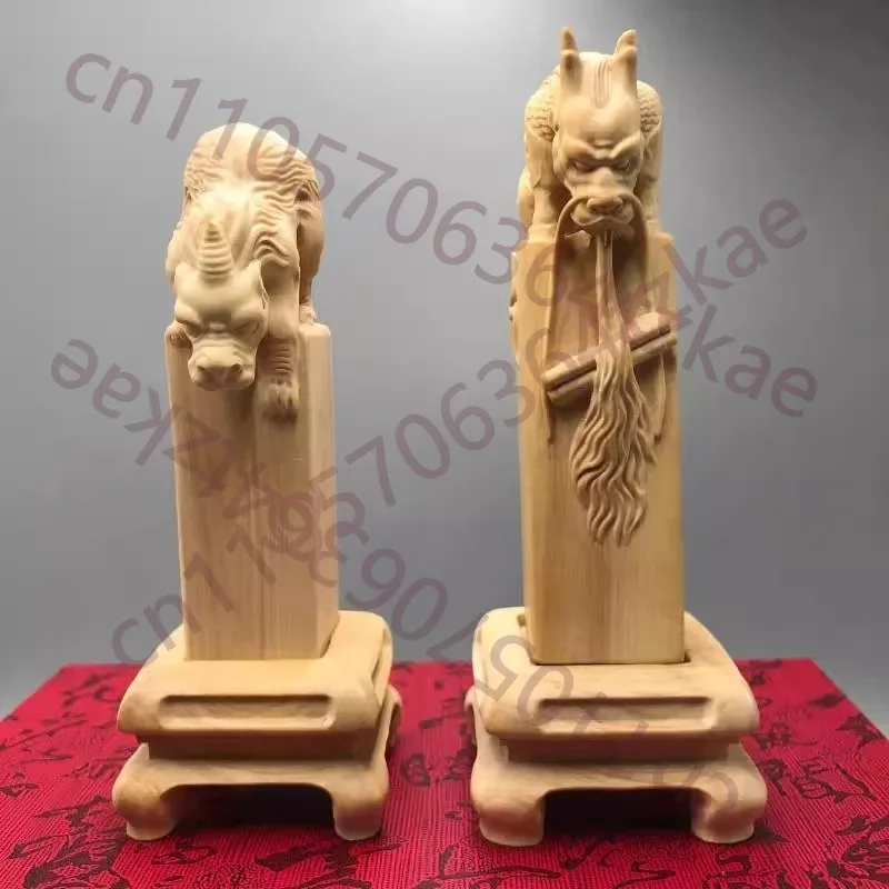 Hand Carved Boxwood Qilin Figurine, Customizable Engraved Wood Seal, Chinese Mythical Beast Desk Office Decor Collectible Gift