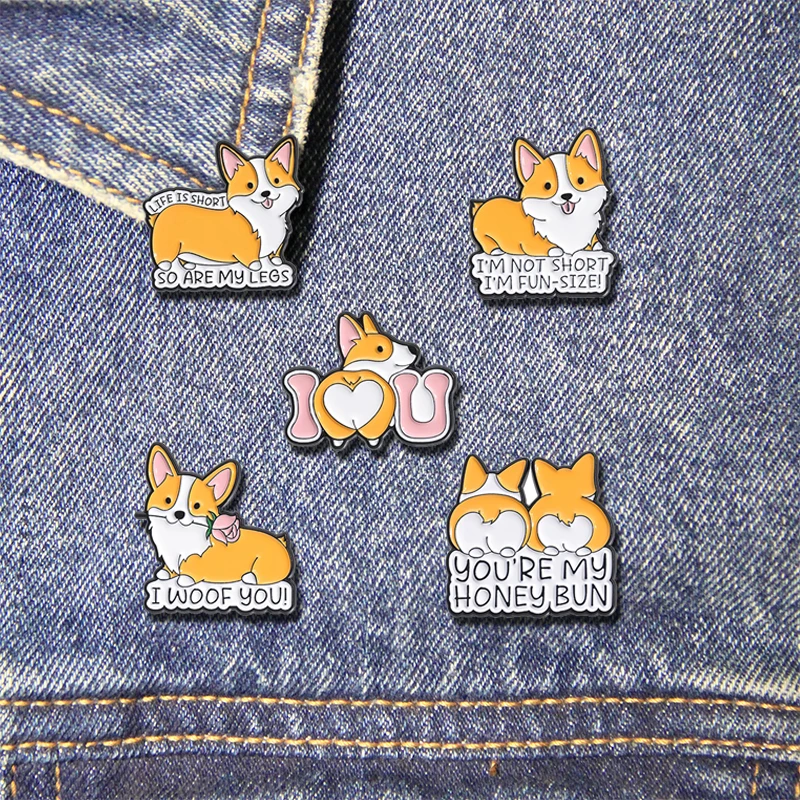 Pet Dog Corgi Brooch Enamel Pin I WOOF YOU Lapel Backpack Bag Badge Jewelry Decoration