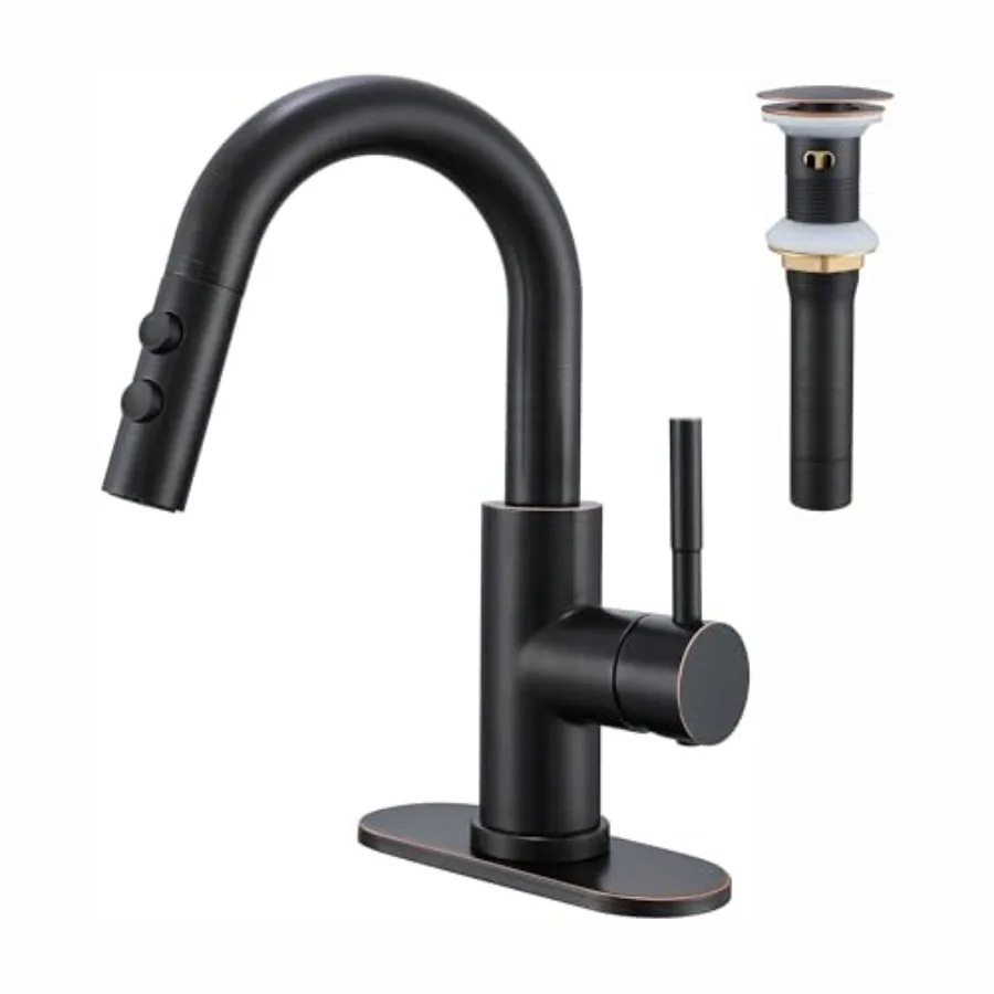 

Bathroom Sink Faucet with Pull Down Sprayer Single Handle Pull Out Faucet with Pop-Up Drain 1 or 3 Hole Laundry Bar Basin Fauce