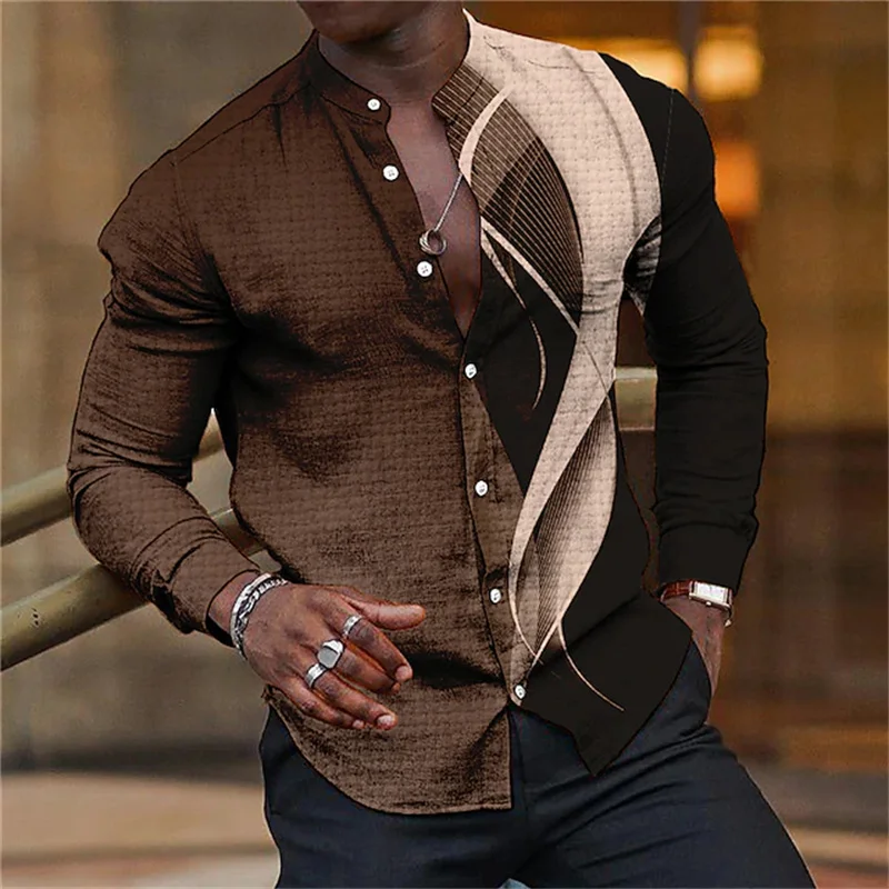 New Men's Shirt Black and White Line Design Long Sleeve Shirt  Round Neck Oversized T-Shirt Shirt Summer Clothing  High Quality