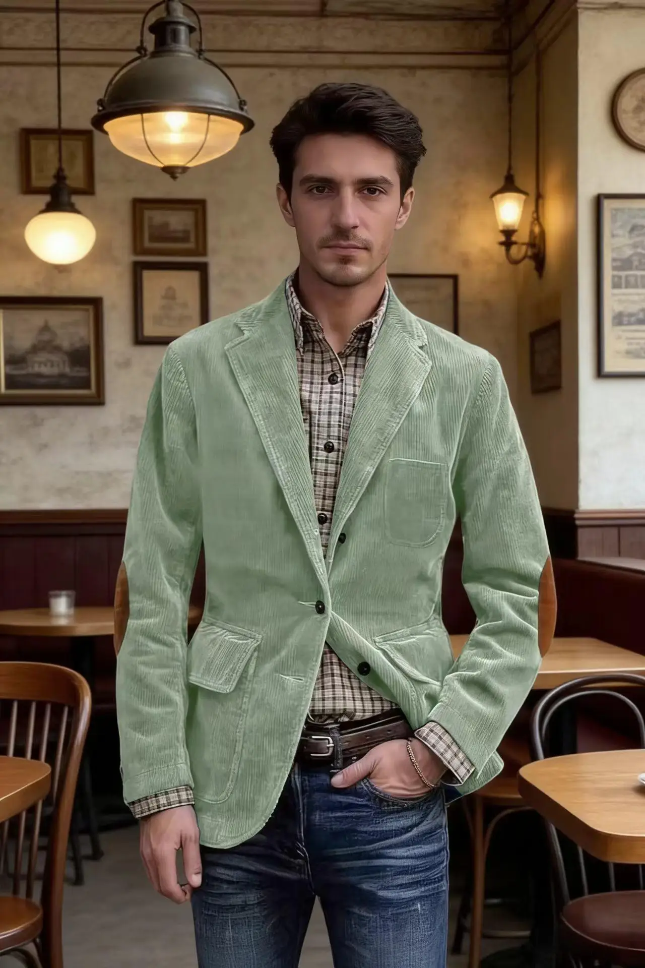 Men's Hunting Corduroy Blazer with Elbow Patches Vintage Tan Notched Lapel Casual Jacket British Slim Fit Daily Work Suit Coat