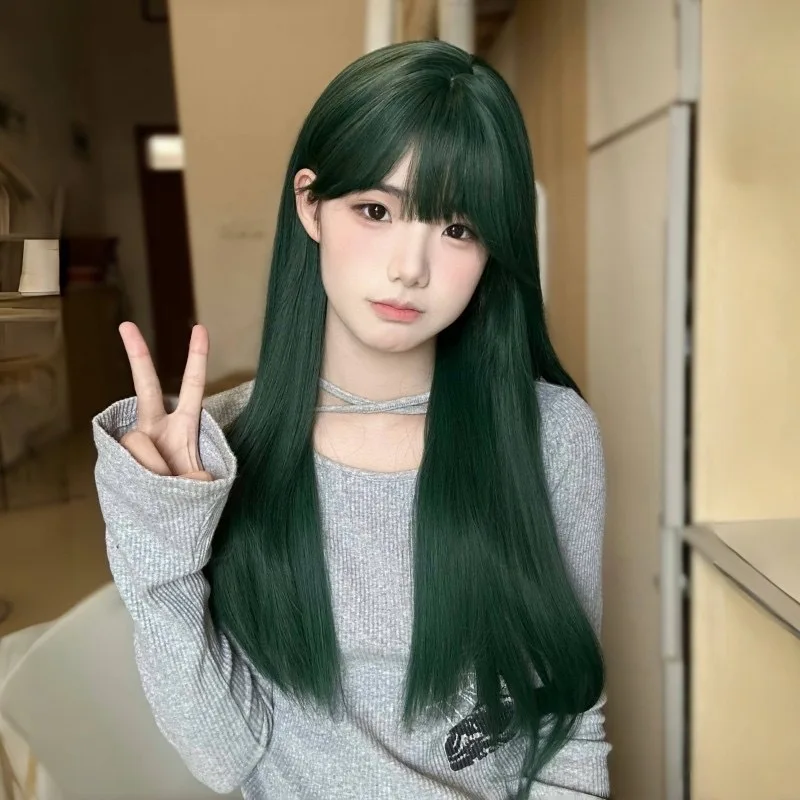 

Long Wine Red Straight Wig for Women with Bangs, Natural and Realistic, Sweet and BrighteningjkFull-head wig