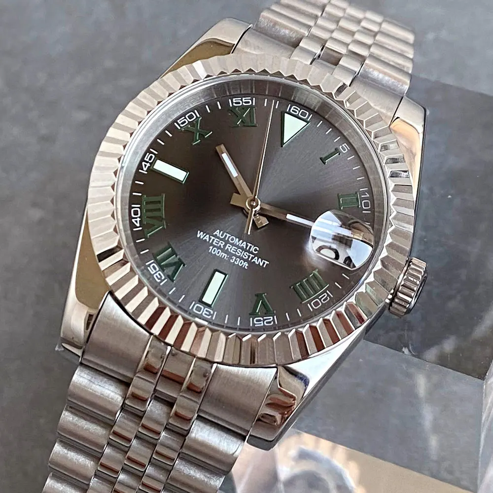 20ATM Dive Tandorio 36mm 39mm Sunburst Grey Dial Green Roman Number NH35Automatic Men Watch Steel Strap Sapphire Slide Buckle