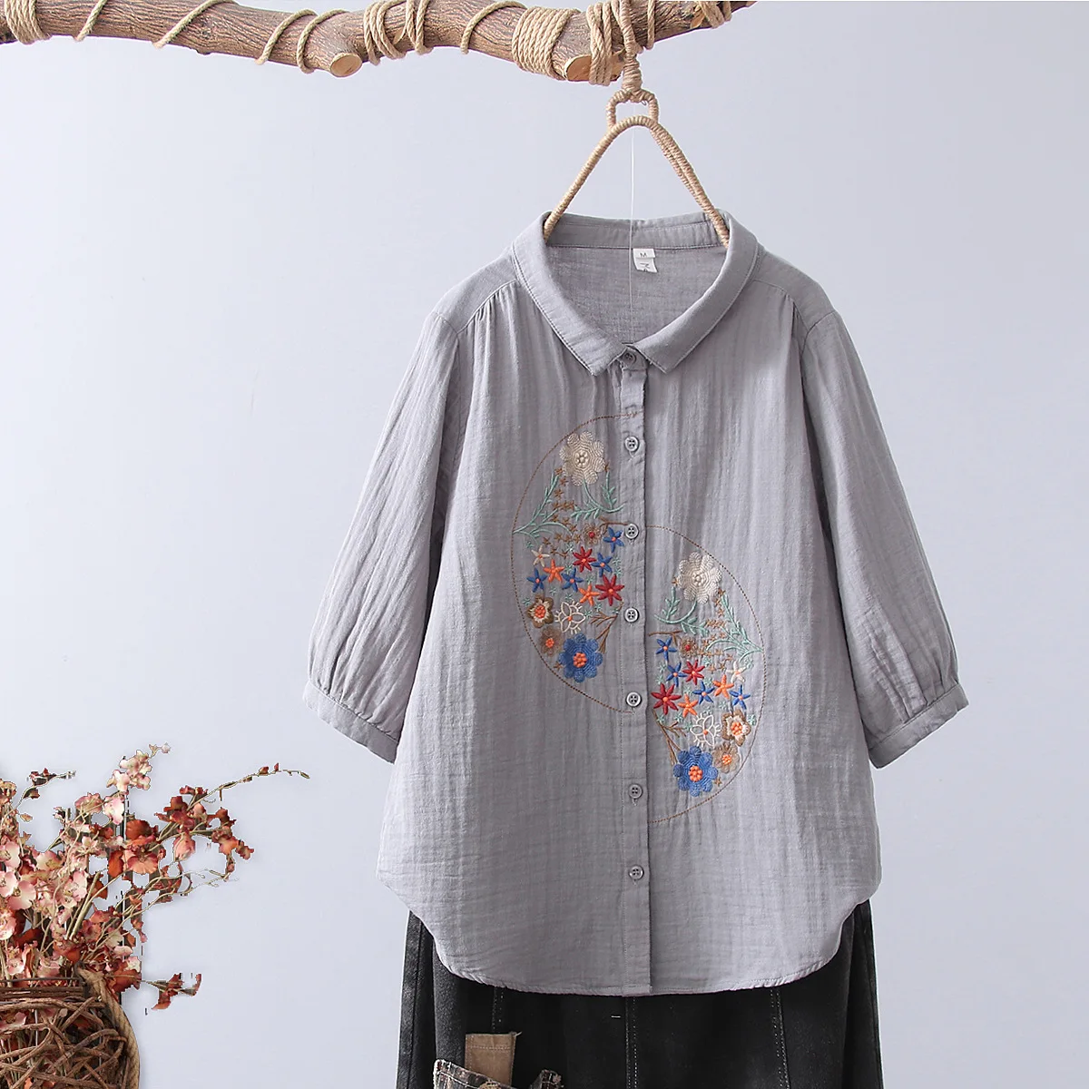 Summer Women White Embroidery 3/4 Sleeves Cotton Yarn Blouses Loose Lady Tops Female Clothes Japan Style Female Shirt