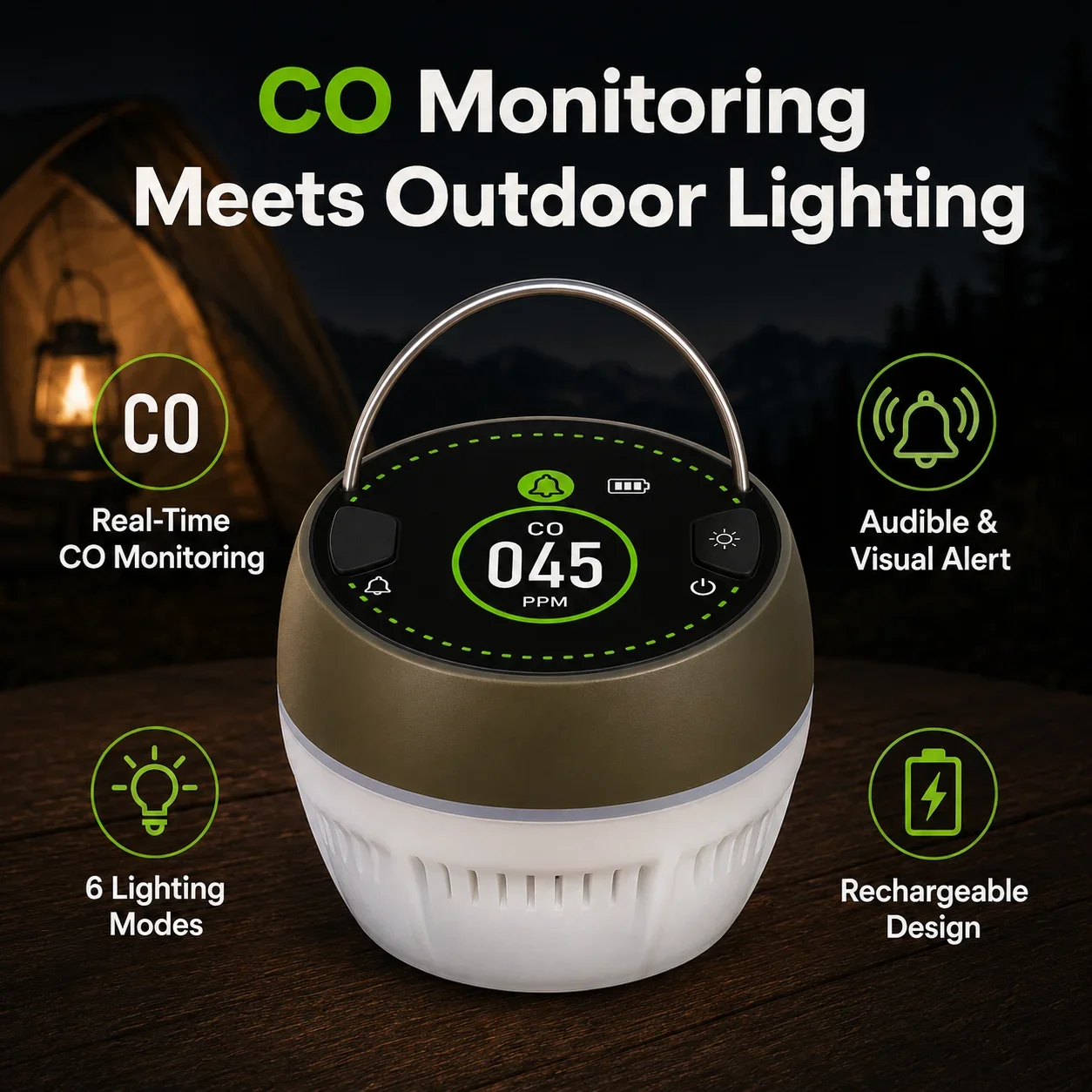 FABISENSE Portable CO Detector with 6-Mode Camping Light, Rechargeable Carbon Monoxide Monitor for RV Tent Camping