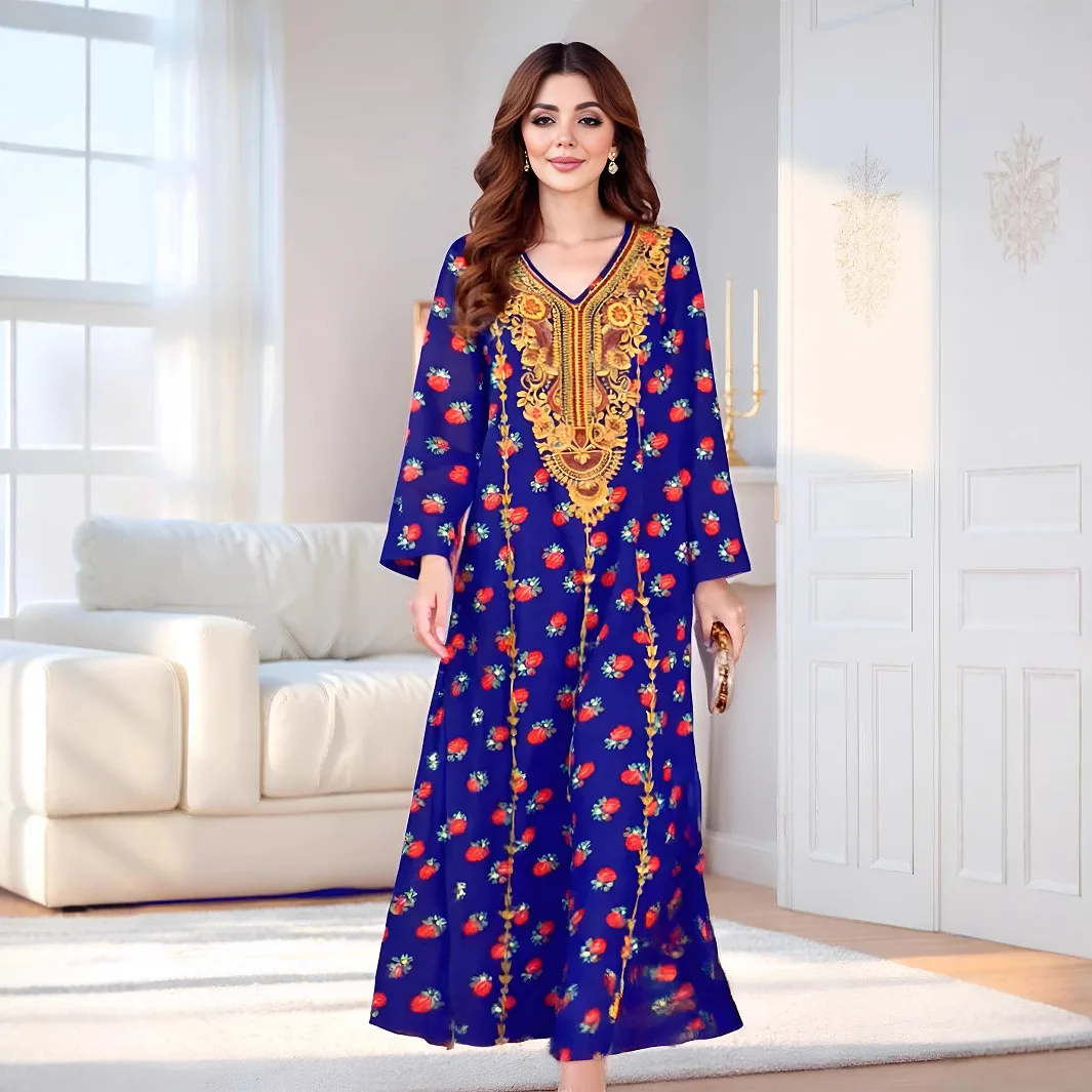 

Muslim Middle East New Fashion Women's Casual Trendy Loose V-neck Long Sleeve Printed Ebroideried Elegant Ankle Length Dresses