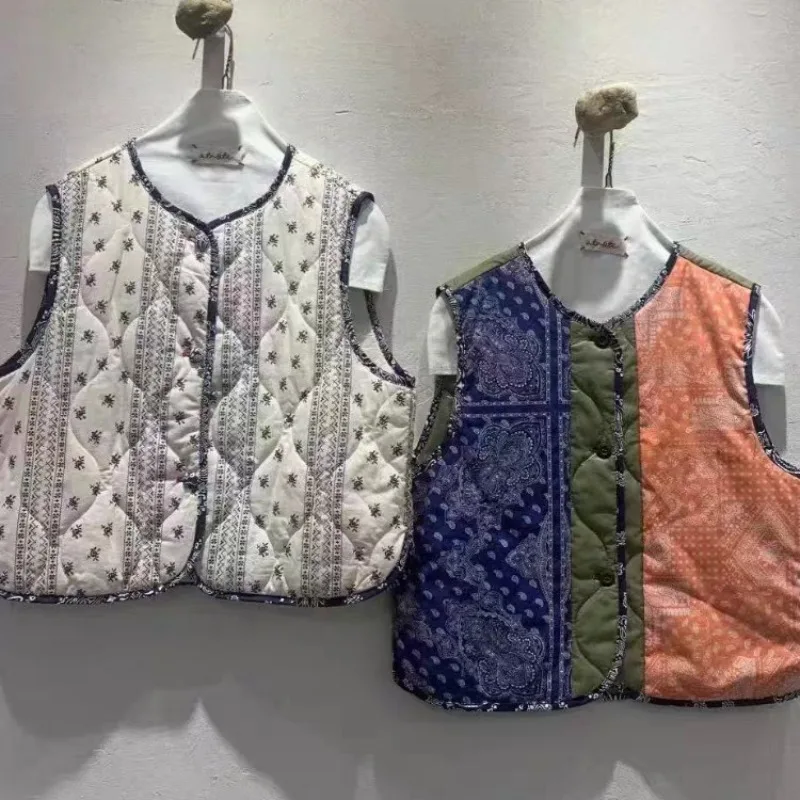 Korean Japanese Cross Border 2026 round Neck Single Button Color Block Floral Cotton Vest Elegant  Top Women's Fashion